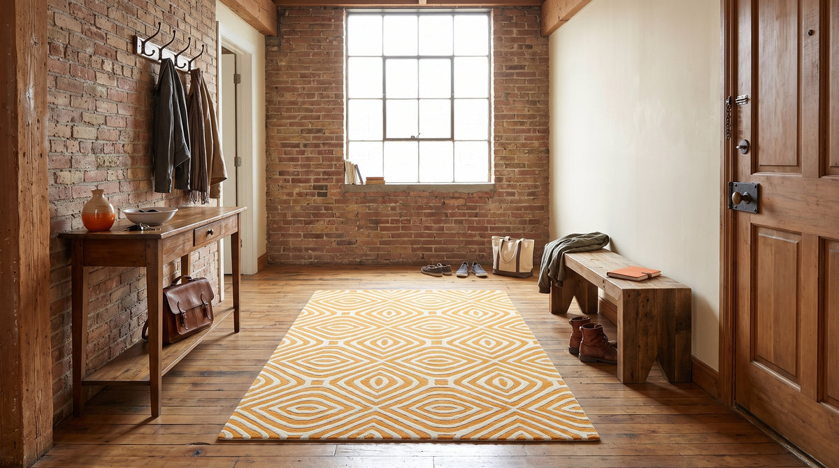 Sophisticated Light Orange Hand Tufted Wool Rug in a entryway