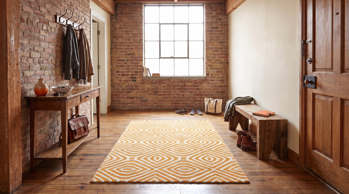Sophisticated Light Orange Hand Tufted Wool Rug in a entryway