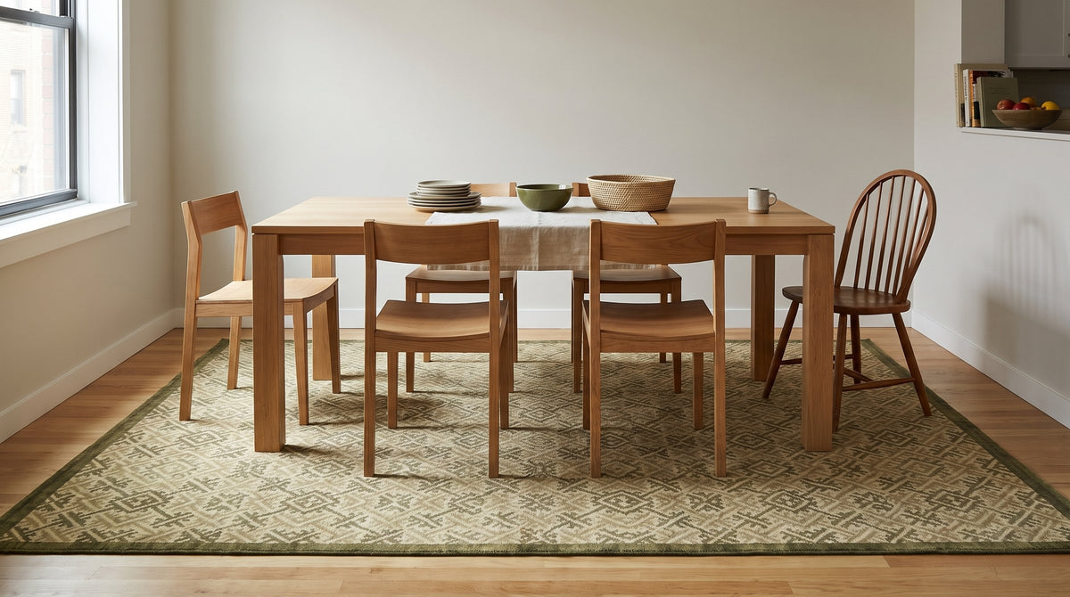 Sophisticated Nadia Black Hand Knotted Wool Rug in a dining room