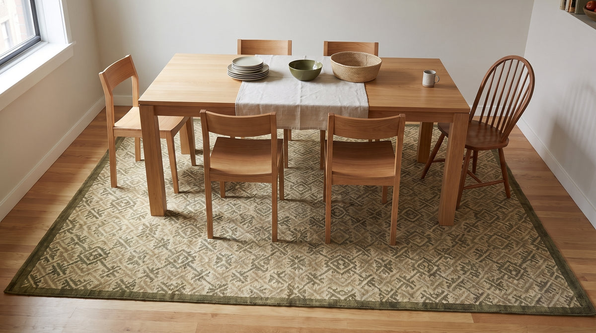 Sophisticated Nadia Black Hand Knotted Wool Rug in a dining room