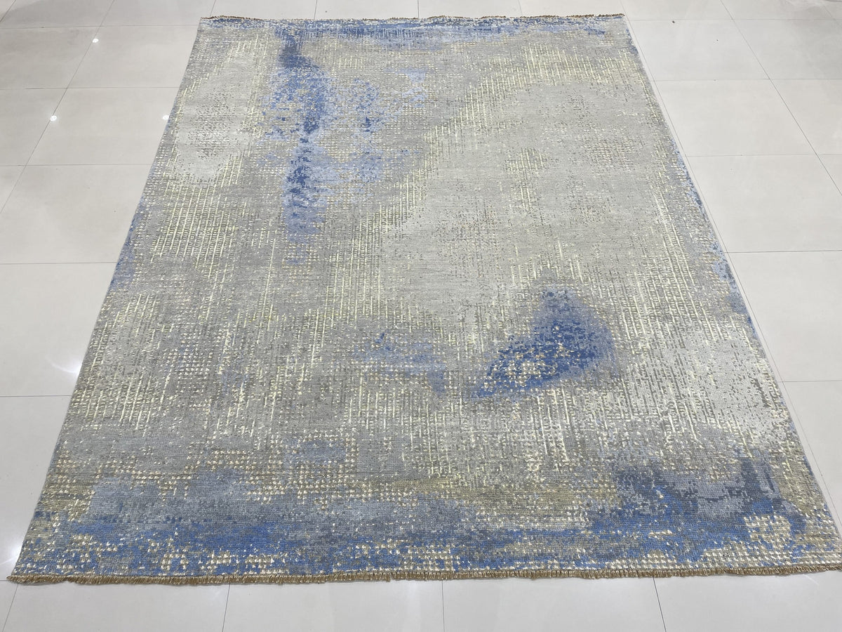 Steel Blue Gray Abstract Hand Knotted Wool Rug KC20000BL 8x10 angled view