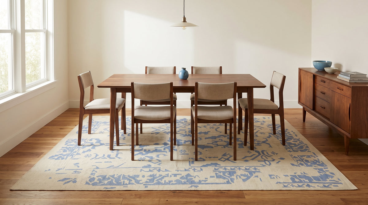 Stylish Graceful Ivory and Blue Flatweave Wool Rug in a dining room
