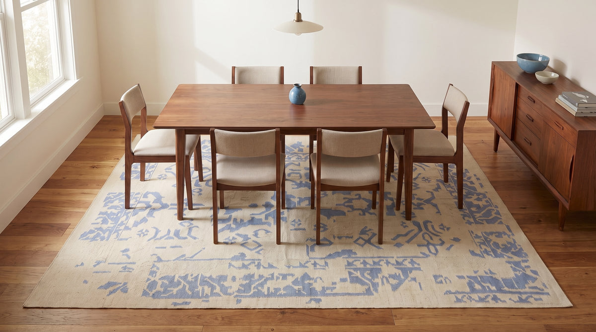 Stylish Graceful Ivory and Blue Flatweave Wool Rug in a dining room