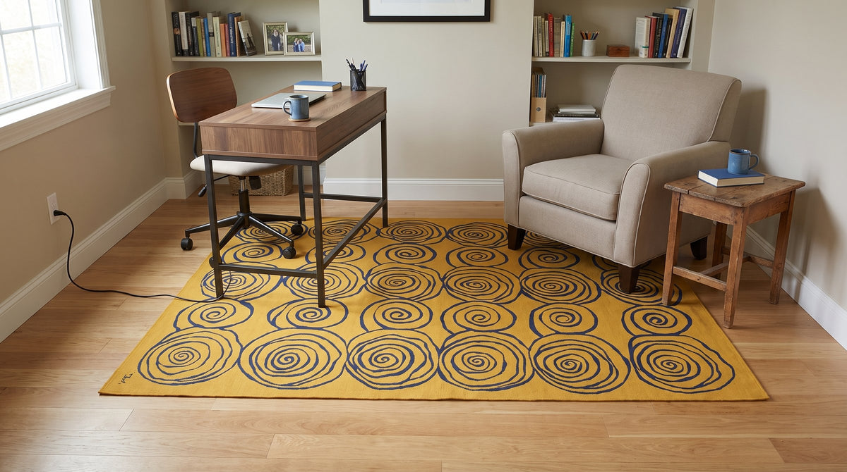 Stylish Iris Yellow Hand Knotted Wool Rug in a home office