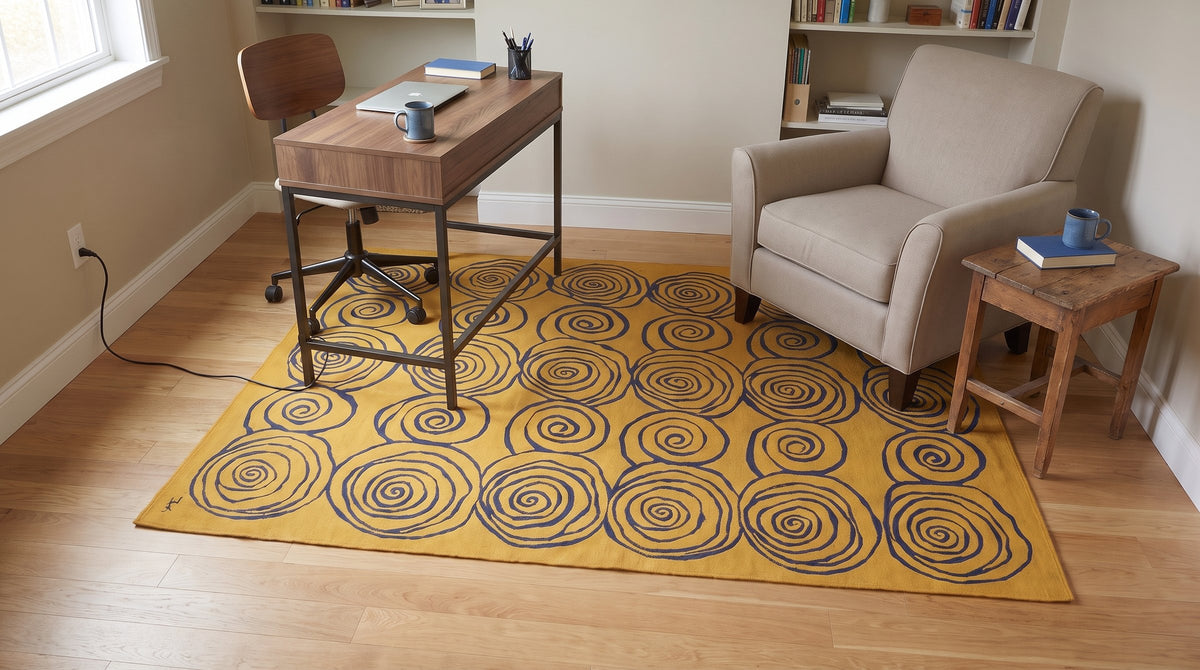 Stylish Iris Yellow Hand Knotted Wool Rug in a home office