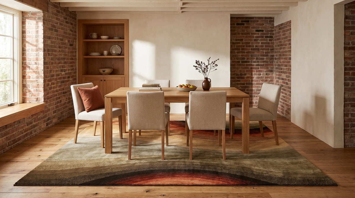 Stylish Sloane Multicolor Hand Tufted Wool Rug in a dining room
