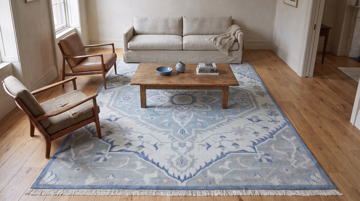 Stylish Trendy Ivory Hand Knotted Wool Rug in a living room