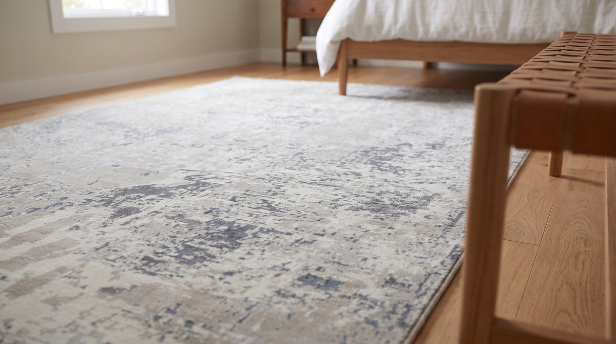Sumptuous Lila Beige and Gray Machine Made Wool Rug in a bedroom