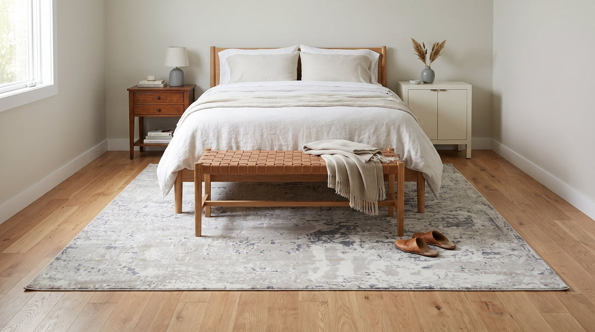 Sumptuous Lila Beige and Gray Machine Made Wool Rug in a bedroom