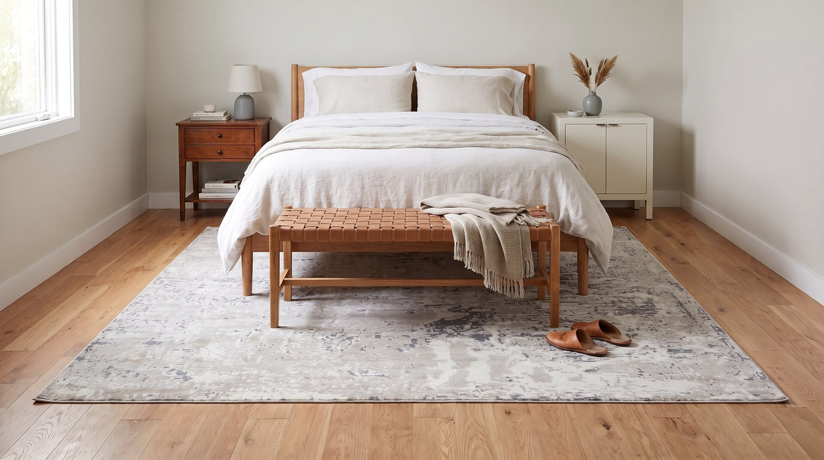 Sumptuous Lila Beige and Gray Machine Made Wool Rug in a bedroom