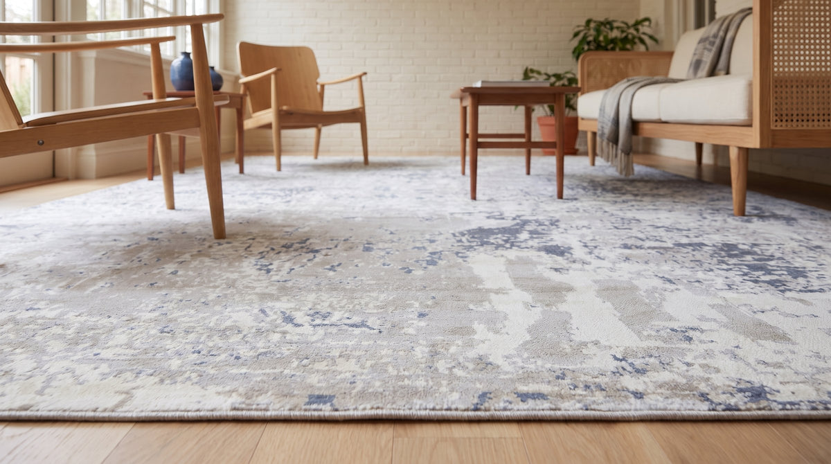 Sumptuous Lila Beige and Gray Machine Made Wool Rug in a sunroom
