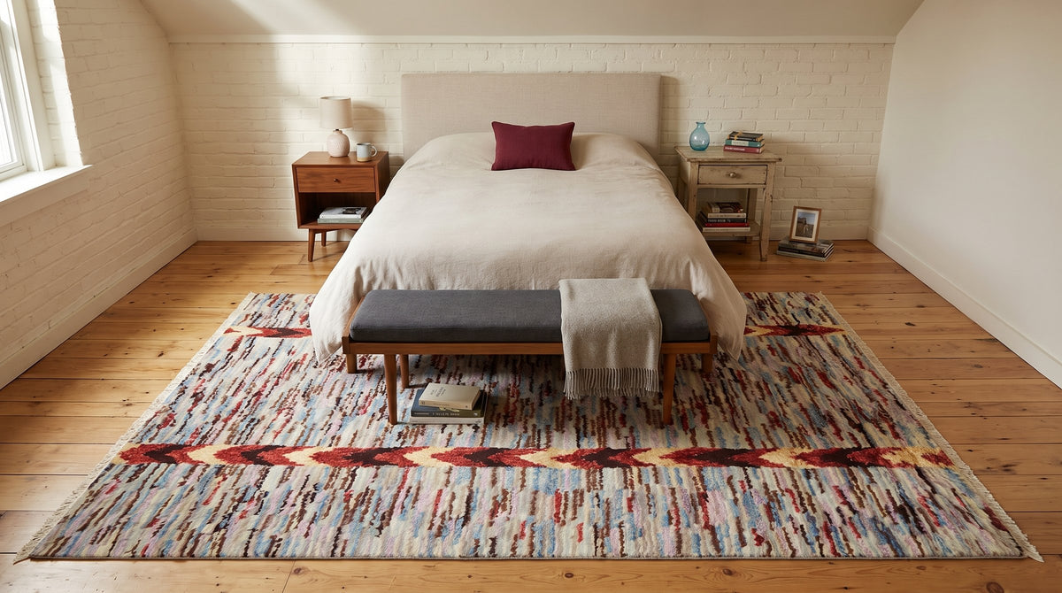 Sumptuous Willow Multicolor Hand Knotted Wool & Bamboo Silk Rug in a bedroom