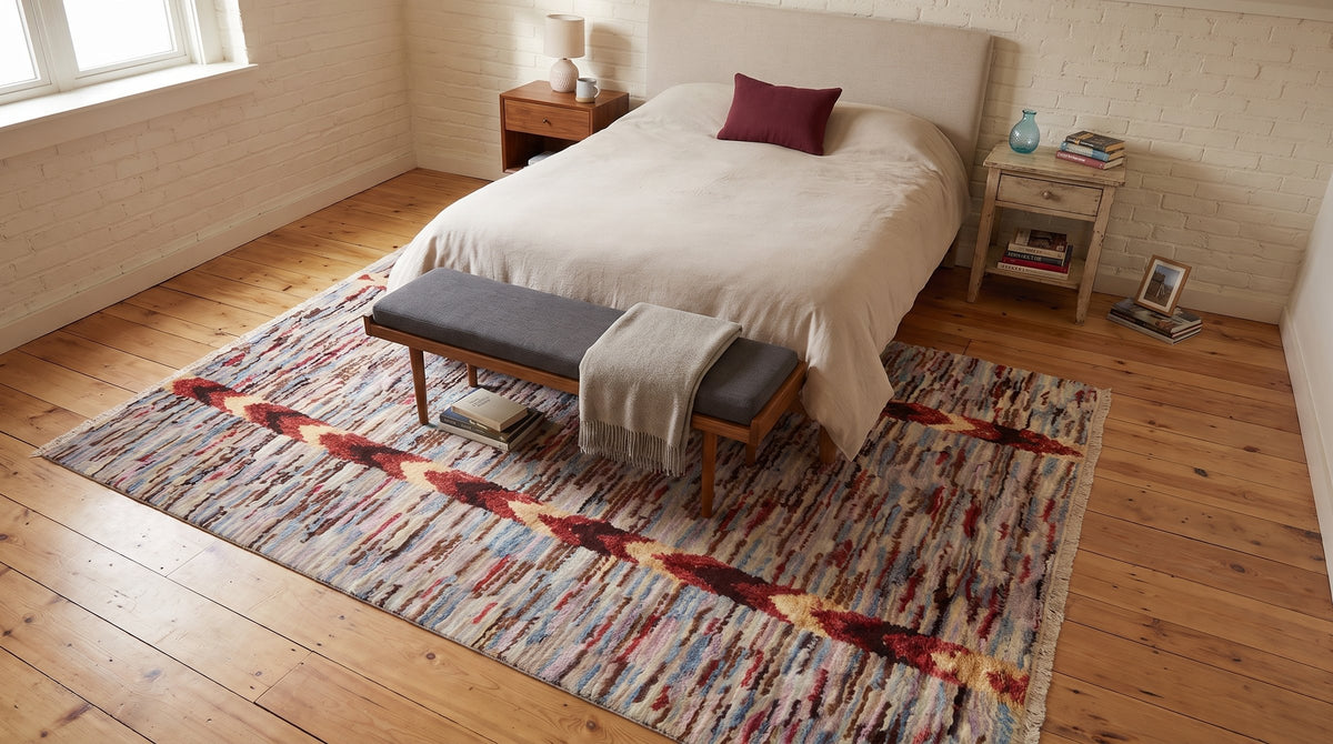 Sumptuous Willow Multicolor Hand Knotted Wool & Bamboo Silk Rug in a bedroom
