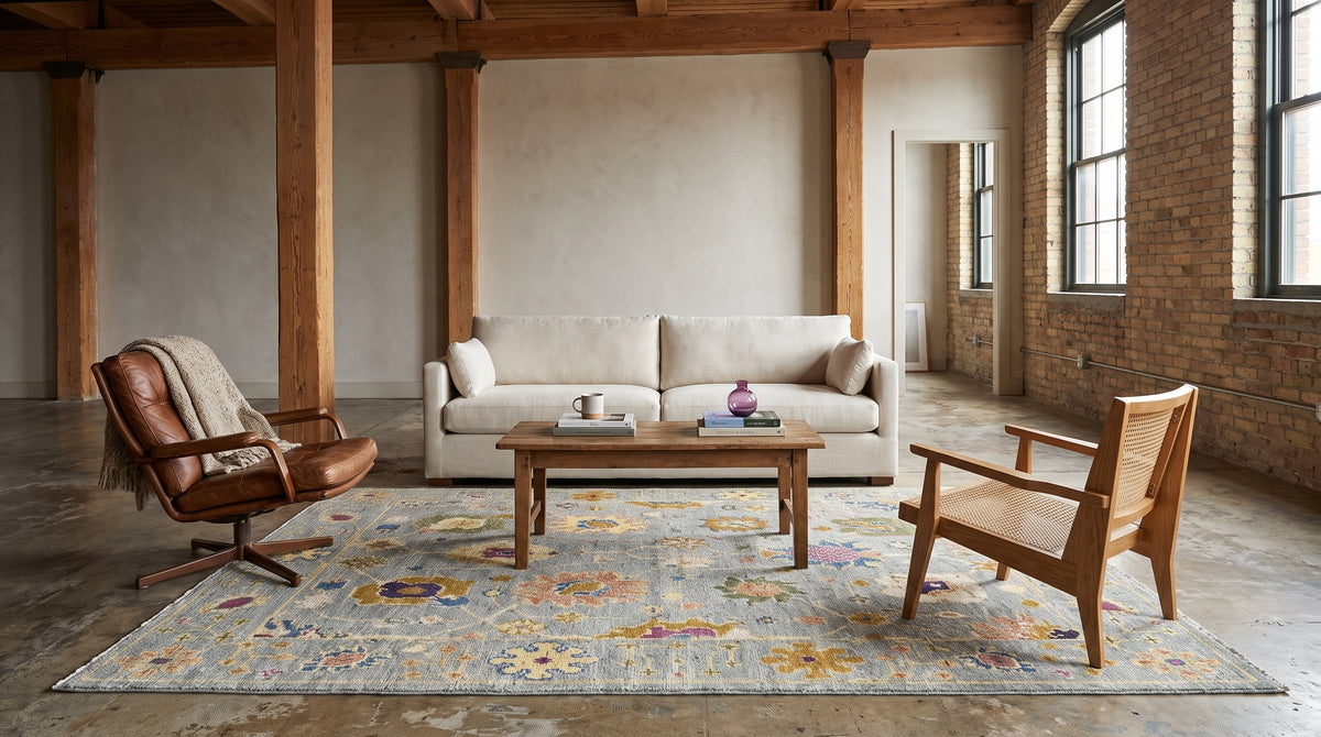 Talia Lila Gray Hand Knotted Wool Rug in a living room