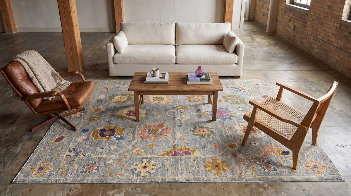 Talia Lila Gray Hand Knotted Wool Rug in a living room