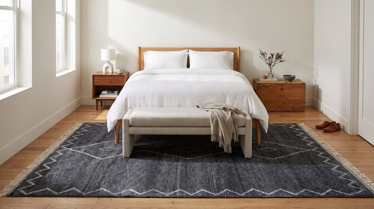 Talia Moroccan Charcoal Hand Knotted Wool Rug in a bedroom