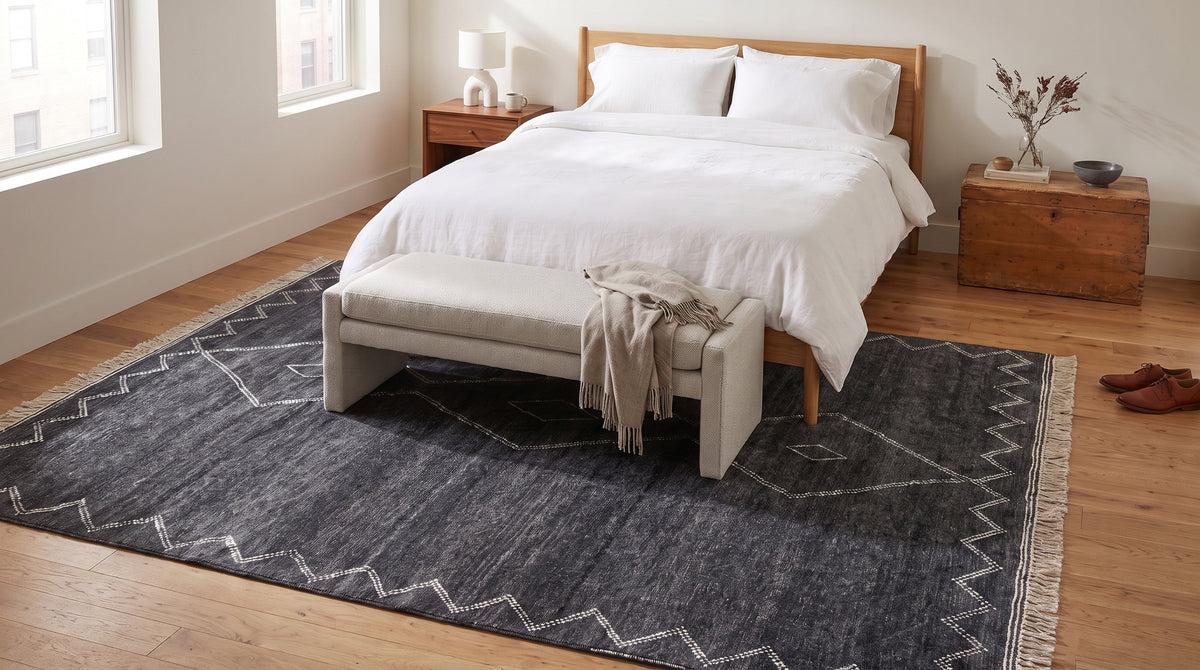 Talia Moroccan Charcoal Hand Knotted Wool Rug in a bedroom