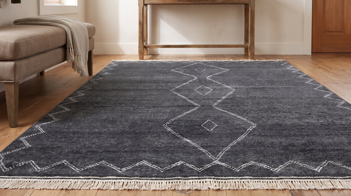 Talia Moroccan Charcoal Hand Knotted Wool Rug in a entryway