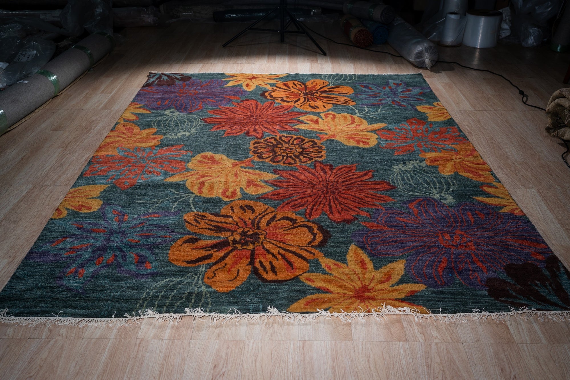 Teal multicolor contemporary floral wool rug, full view