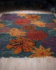 Teal multicolor contemporary floral wool rug, full view