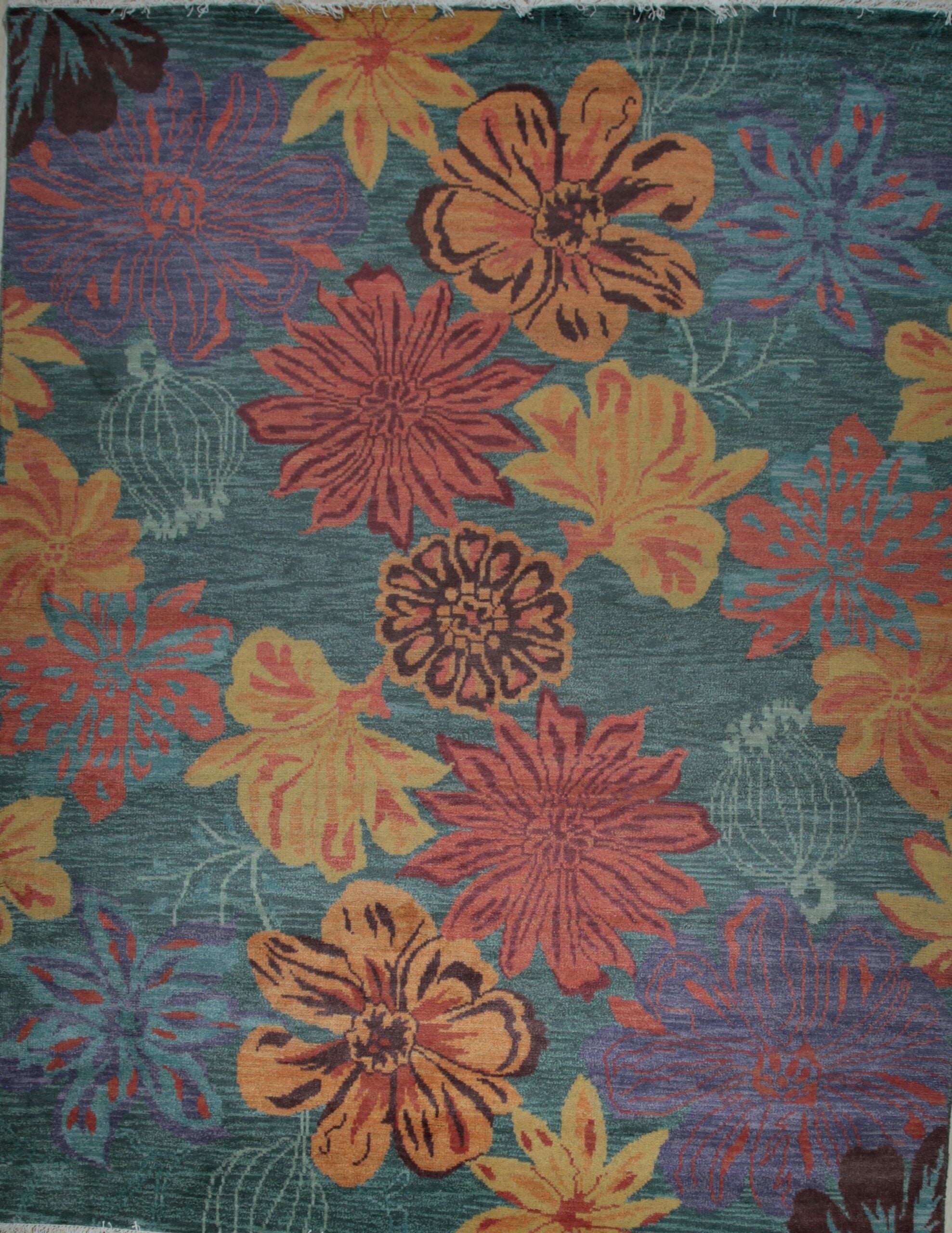Teal multicolor contemporary floral hand-knotted wool area rug, full overhead view