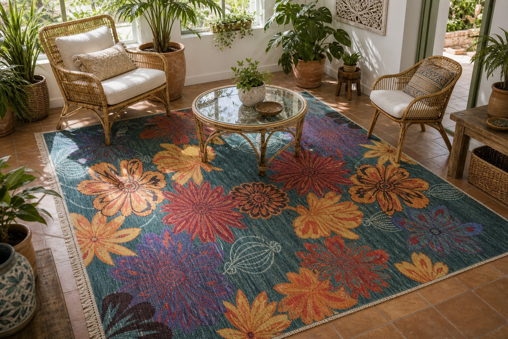 Teal multicolor contemporary floral rug styled in a sunroom