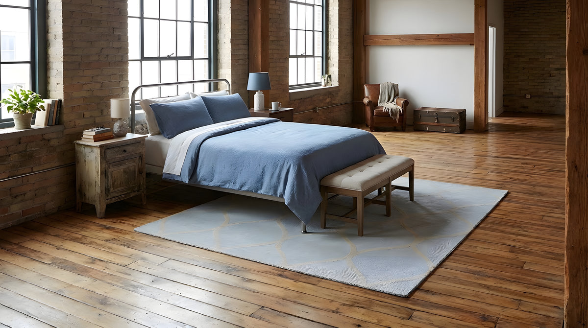 Tessa Chloe Light Blue and Gray Hand Tufted Wool Rug in a bedroom