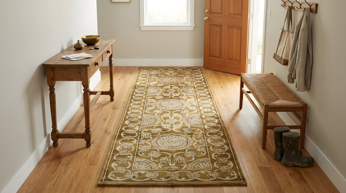 Tessa Ella Brown Hand Knotted Afghan Wool Rug in a entryway