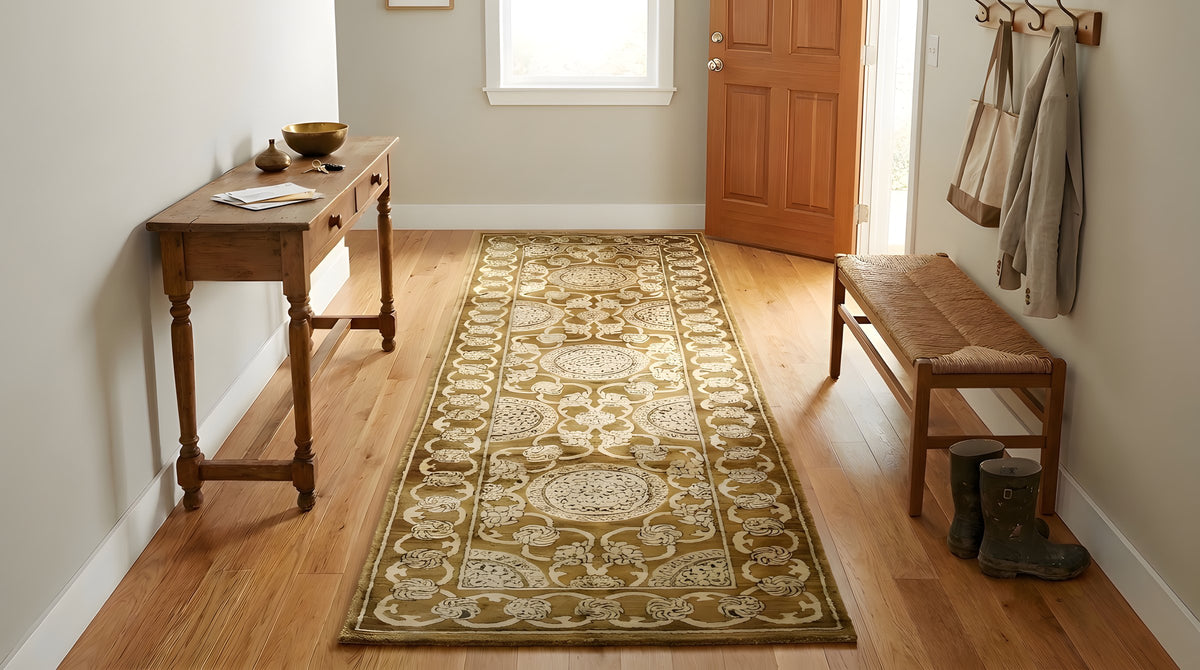 Tessa Ella Brown Hand Knotted Afghan Wool Rug in a entryway