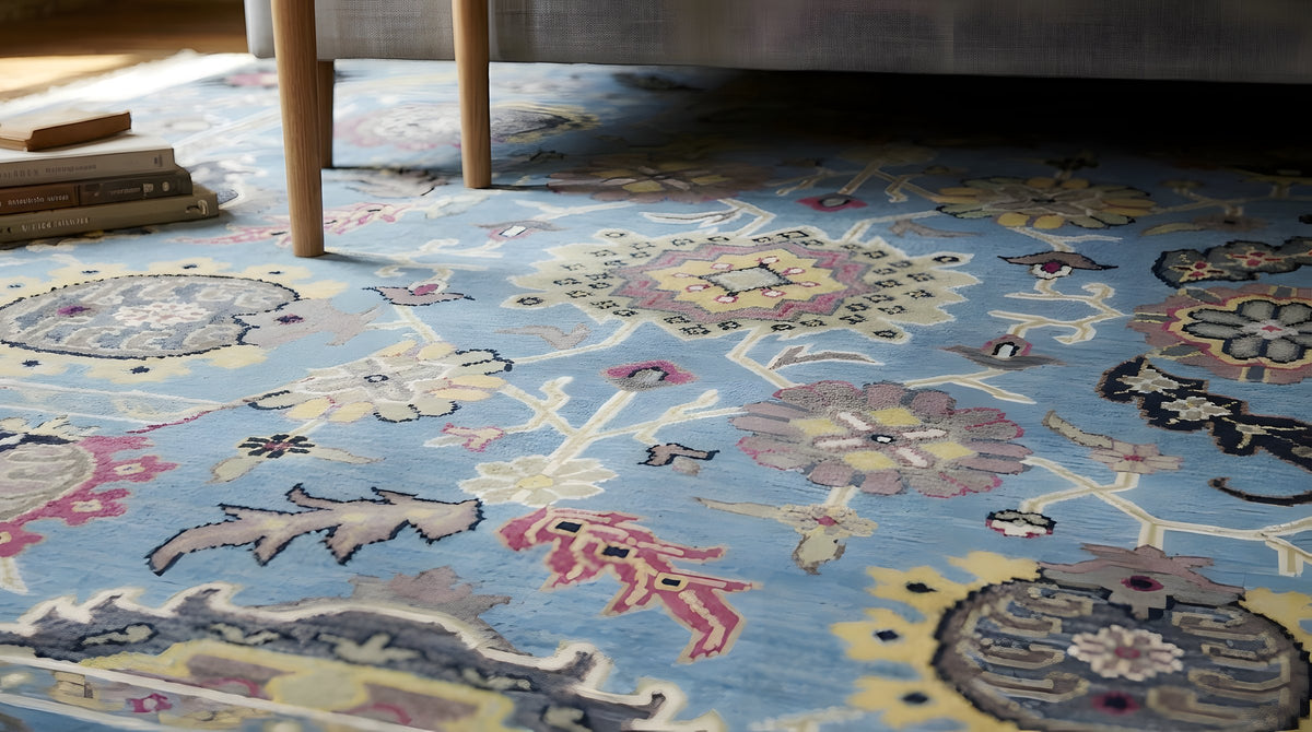 Tessa Laine Blue Hand Knotted Wool Rug in a bedroom