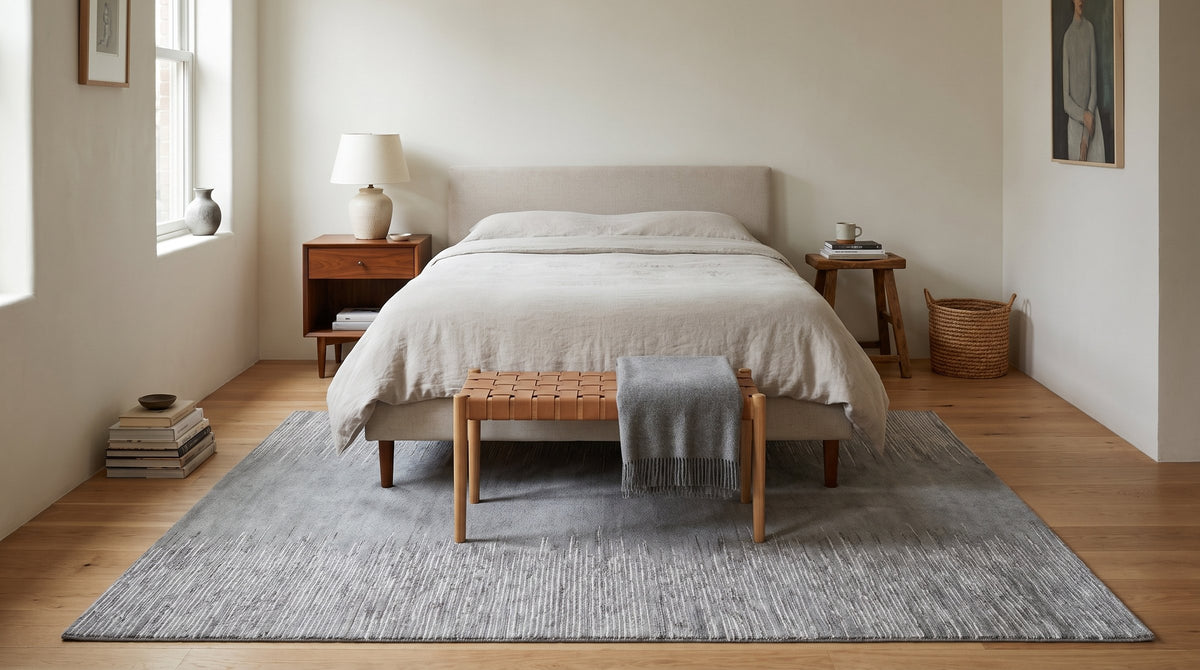 Tessa Maya Gray Hand Knotted Wool Rug in a bedroom