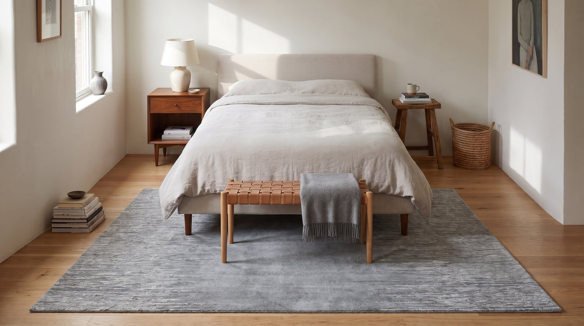 Tessa Maya Gray Hand Knotted Wool Rug in a bedroom