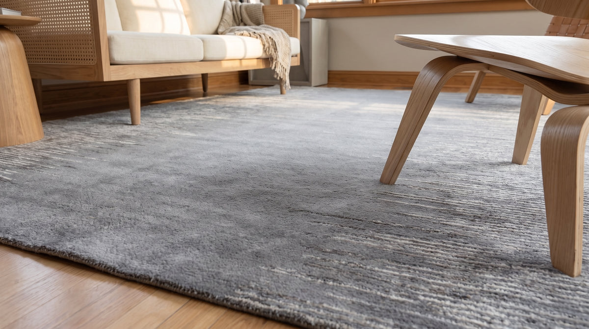 Tessa Maya Gray Hand Knotted Wool Rug in a sunroom