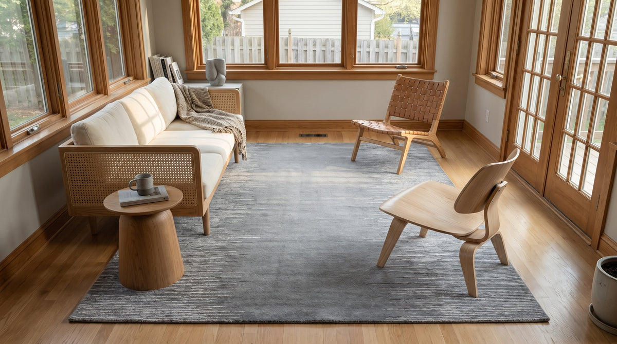 Tessa Maya Gray Hand Knotted Wool Rug in a sunroom