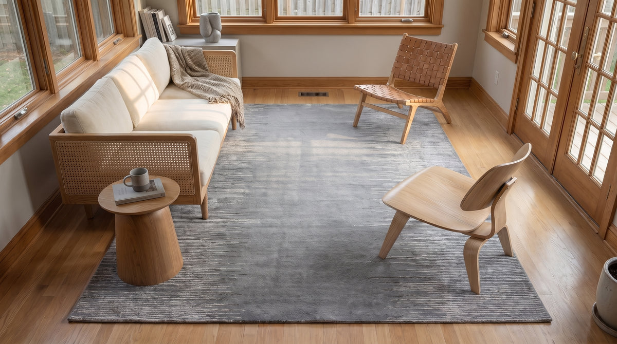 Tessa Maya Gray Hand Knotted Wool Rug in a sunroom