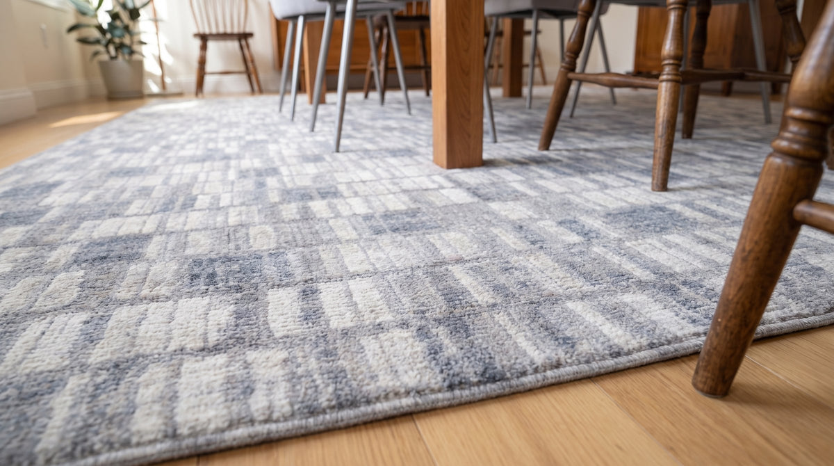 Tessa Sophisticated Gray Hand Knotted Wool Rug in a dining room