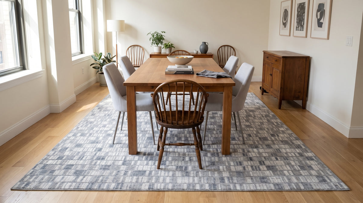 Tessa Sophisticated Gray Hand Knotted Wool Rug in a dining room