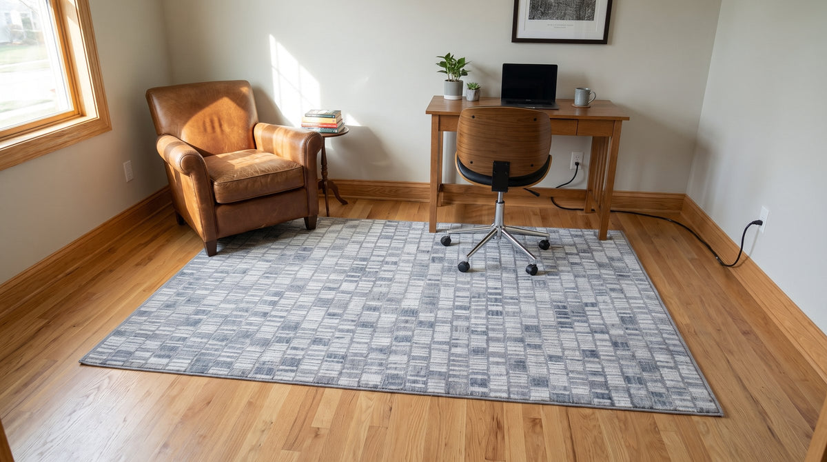 Tessa Sophisticated Gray Hand Knotted Wool Rug in a home office