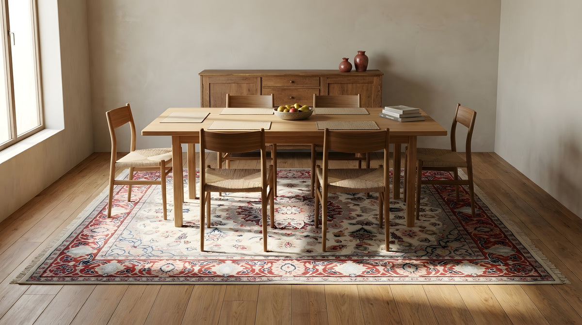 Timeless Cozy Ivory Hand Knotted Wool & Silk Rug in a dining room