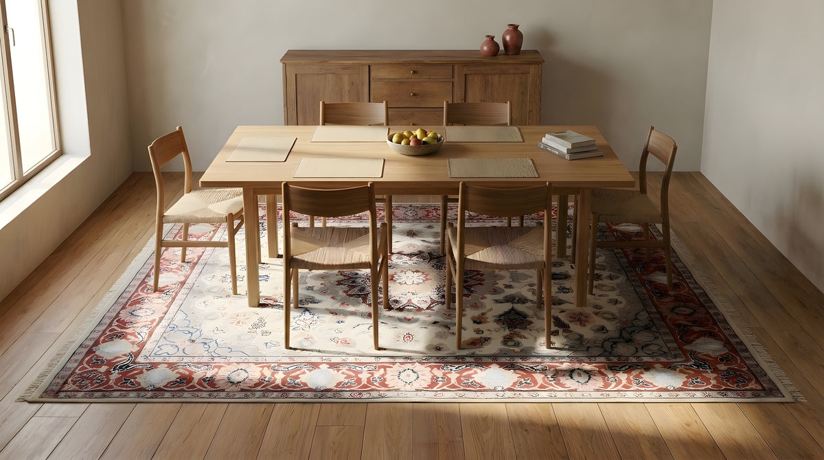 Timeless Cozy Ivory Hand Knotted Wool & Silk Rug in a dining room