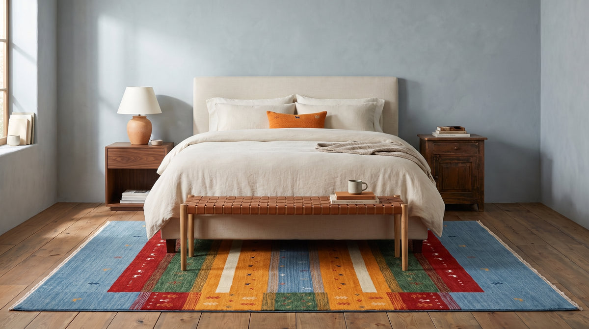 Timeless Gabbeh Blue Handmade Wool Rug in a bedroom