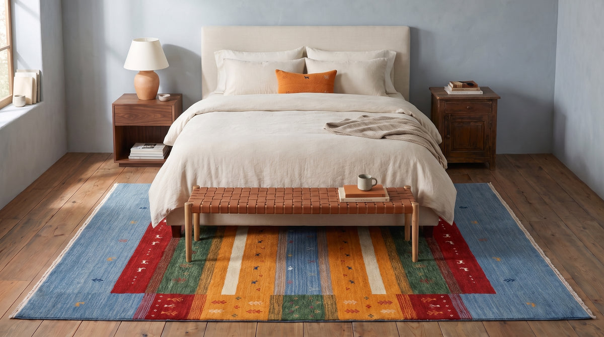 Timeless Gabbeh Blue Handmade Wool Rug in a bedroom