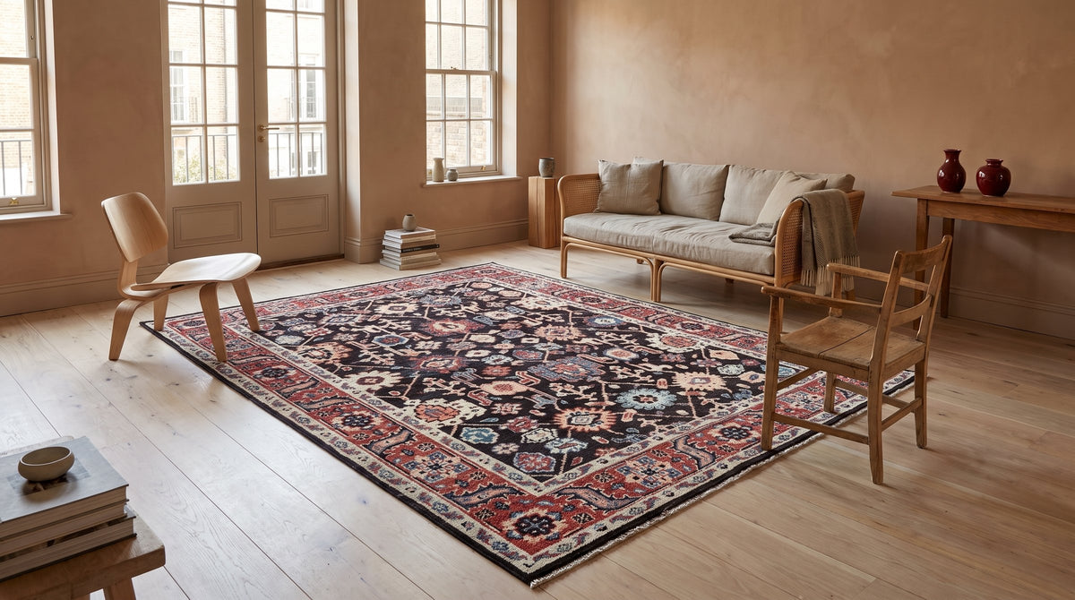 Timeless Oriental Charcoal and Red Hand Knotted Wool Rug in a sunroom