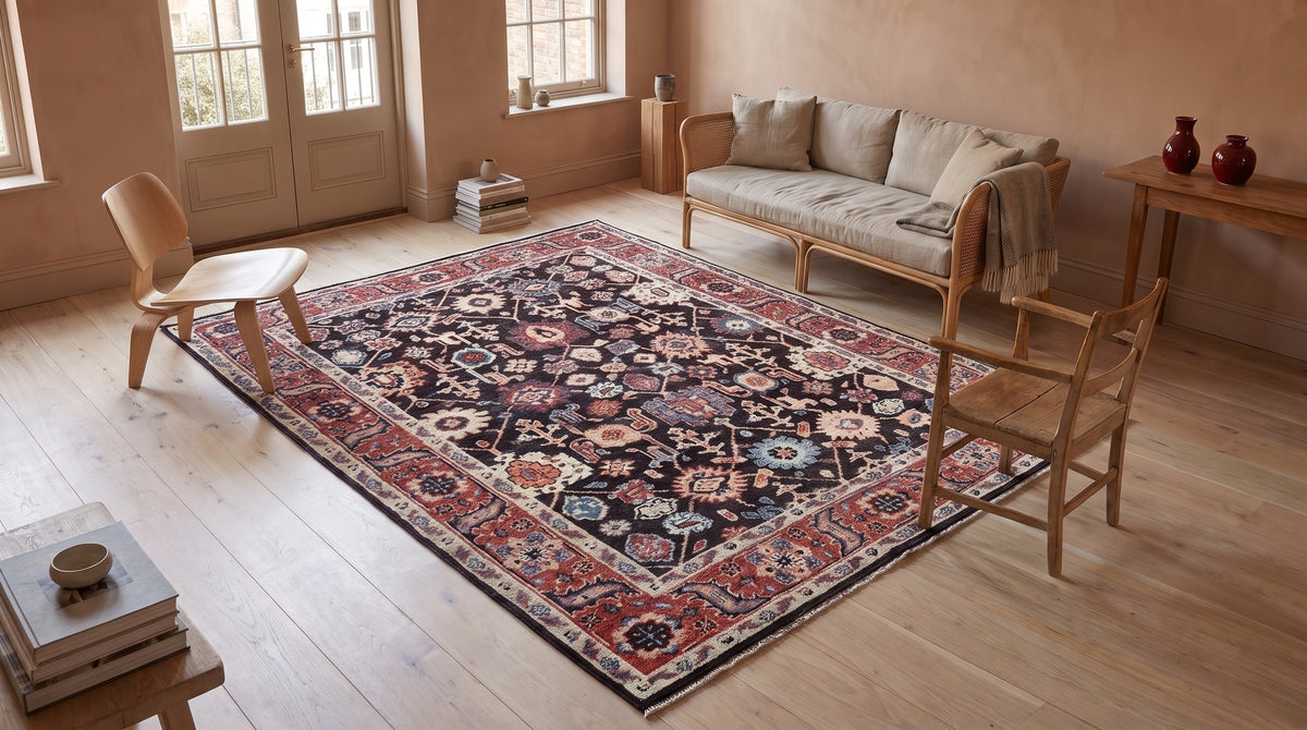 Timeless Oriental Charcoal and Red Hand Knotted Wool Rug in a sunroom