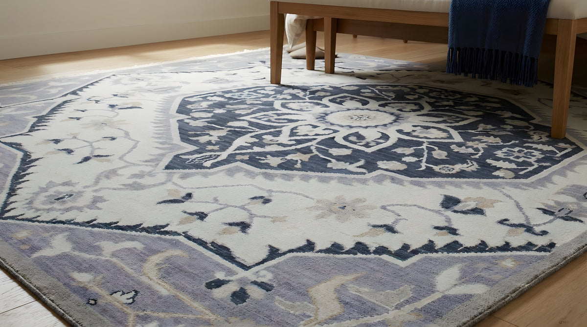 Timeless Oriental Ivory and Gray Hand Knotted Wool Rug in a bedroom