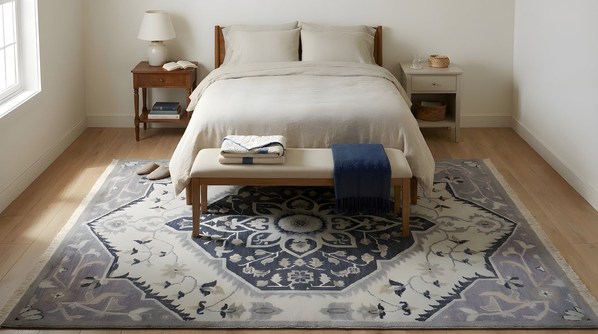 Timeless Oriental Ivory and Gray Hand Knotted Wool Rug in a bedroom