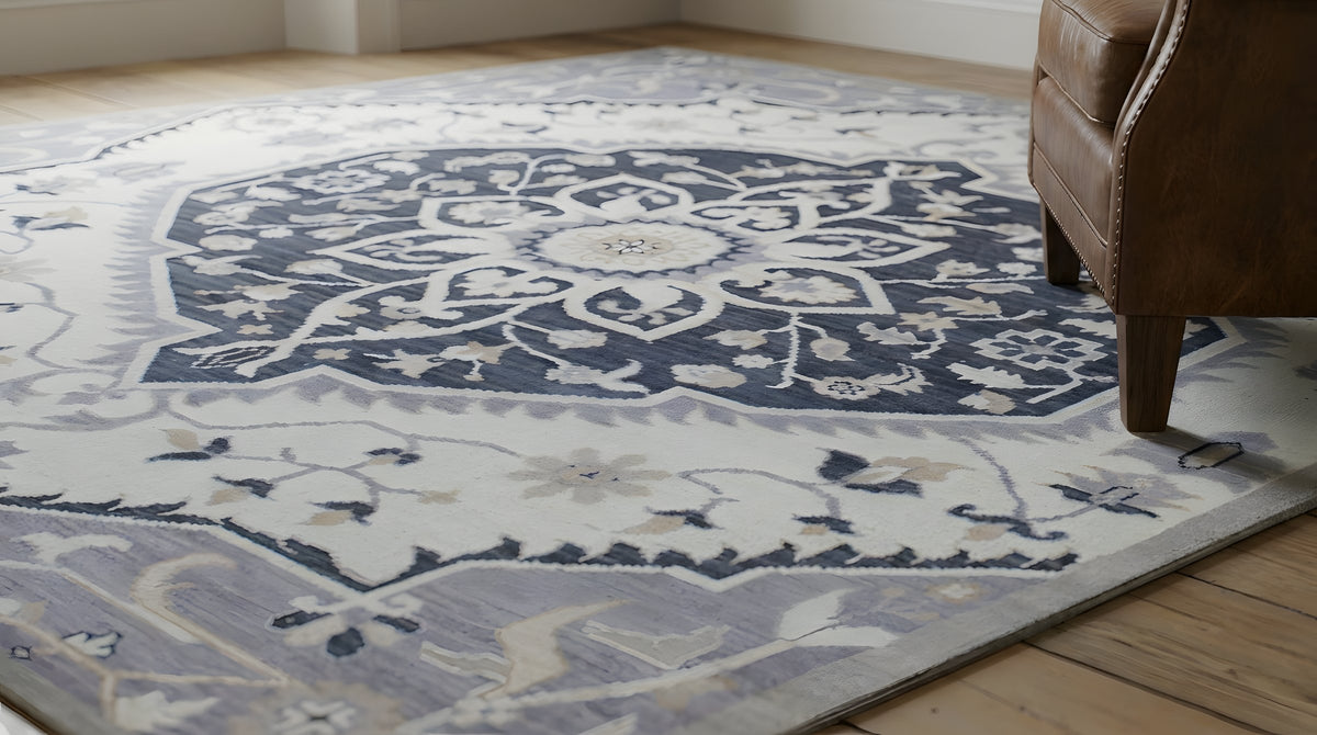 Timeless Oriental Ivory and Gray Hand Knotted Wool Rug in a living room