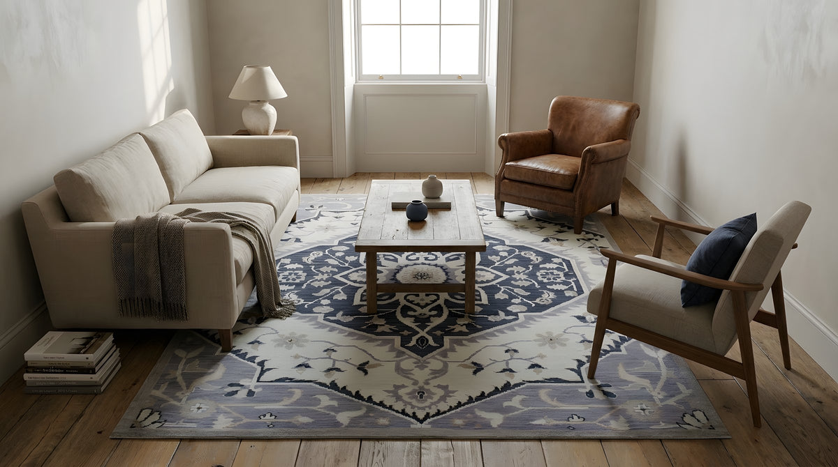 Timeless Oriental Ivory and Gray Hand Knotted Wool Rug in a living room