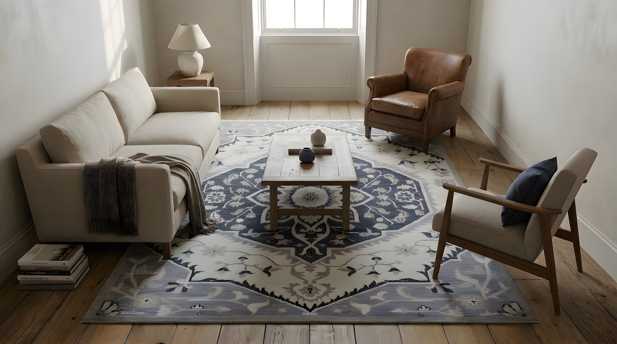 Timeless Oriental Ivory and Gray Hand Knotted Wool Rug in a living room