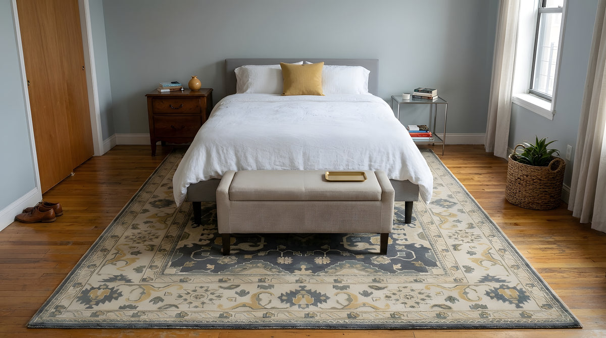 Trara Oushak Blue Hand Knotted Wool Rug in a bedroom